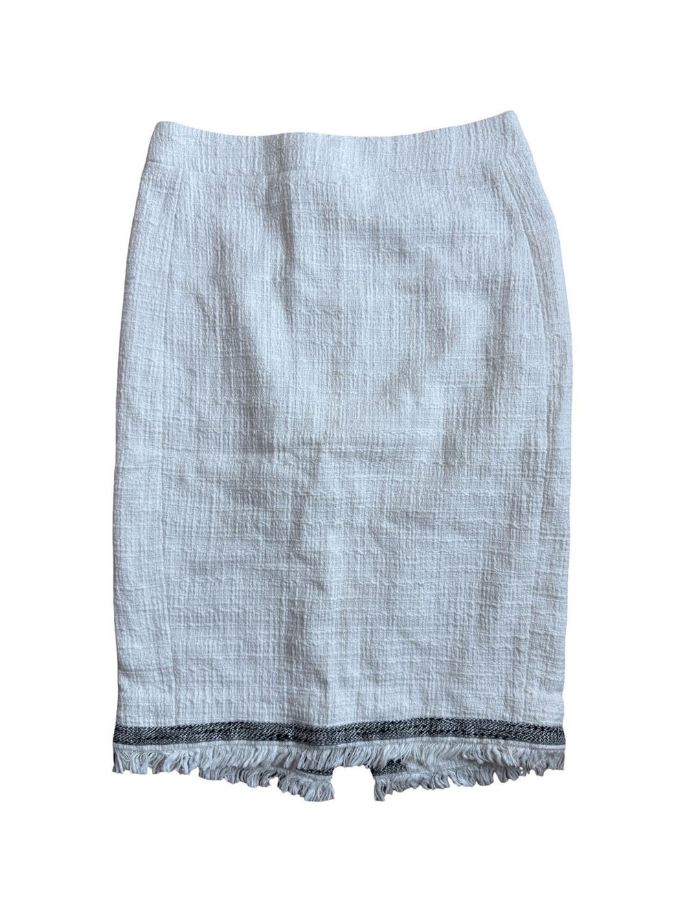 J.Crew White Textured Pencil Skirt with Fringe and Black Trim, Size 0 - Picture 2 of 5